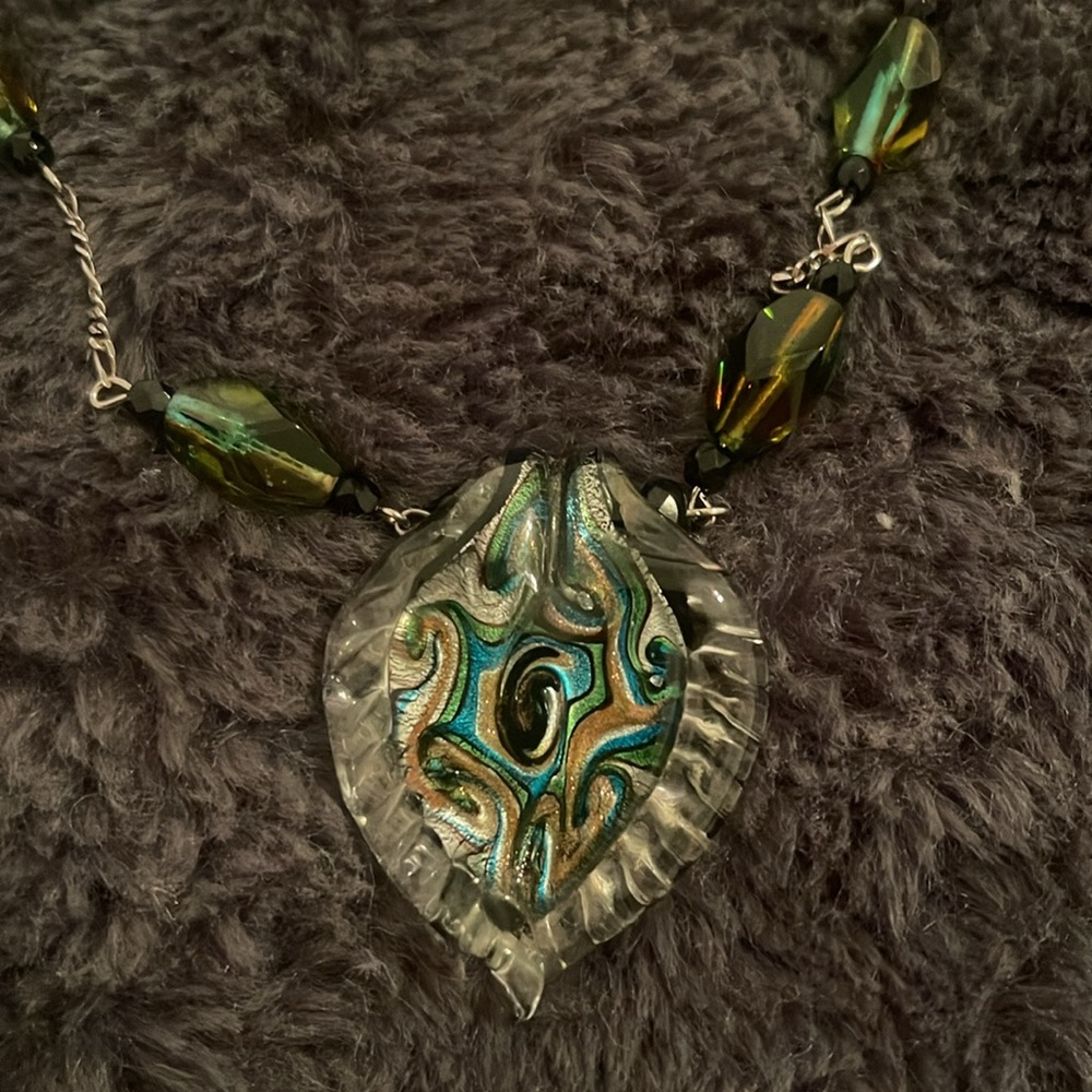 Beautiful Peacock colored glass necklace